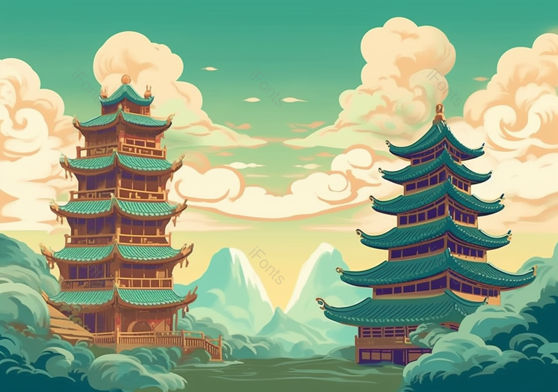 国潮古建筑插画两个亭台楼阁背景,插画/手绘图,插画/手绘图库,插画/手绘图下载,插画/手绘